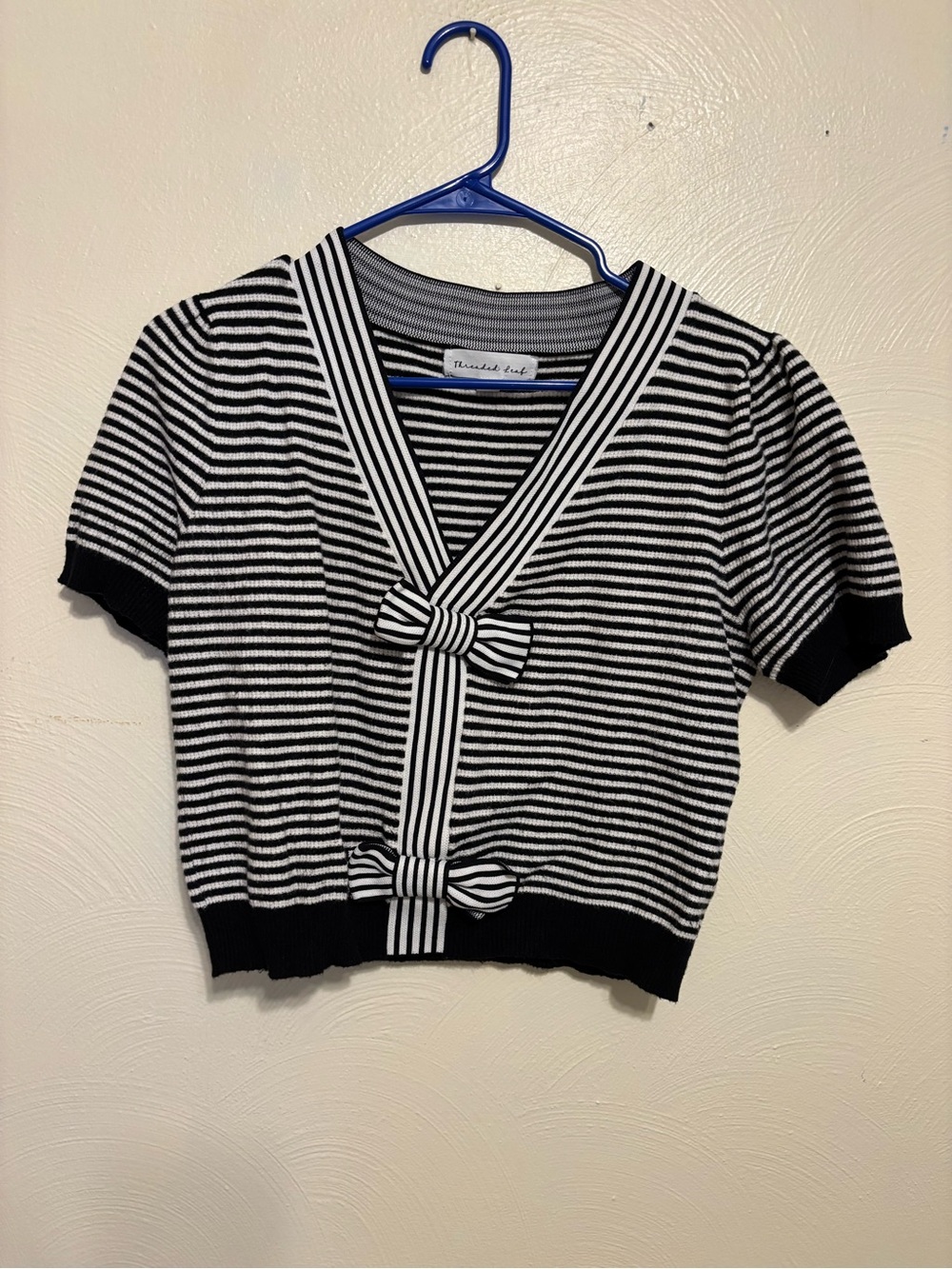 🖤 Threaded Leaf Black White Striped Bow Front Knit Top XL Coquette